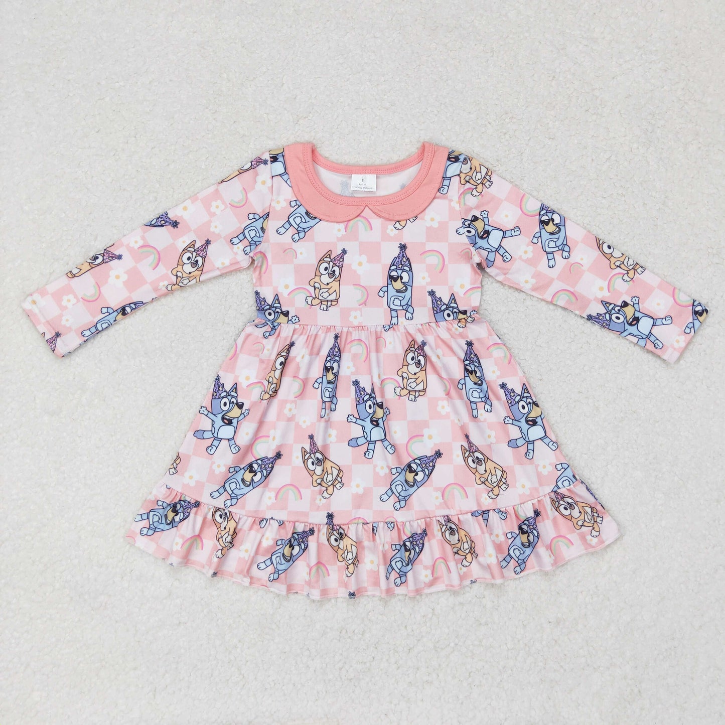 rts no moq GLD0577 bluey rainbow flower plaid pink doll collar long-sleeved dress