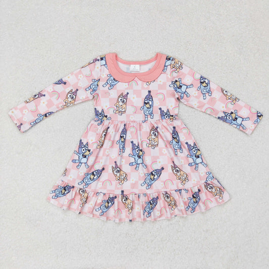 rts no moq GLD0577 bluey rainbow flower plaid pink doll collar long-sleeved dress