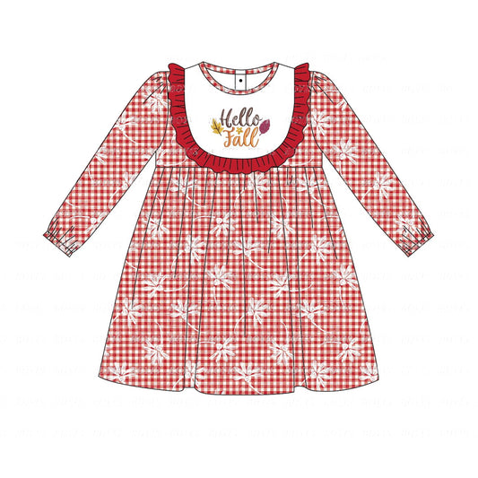 no moq GLD0621 pre-order baby girls clothes red grid long-sleeved dress-2024.7.16