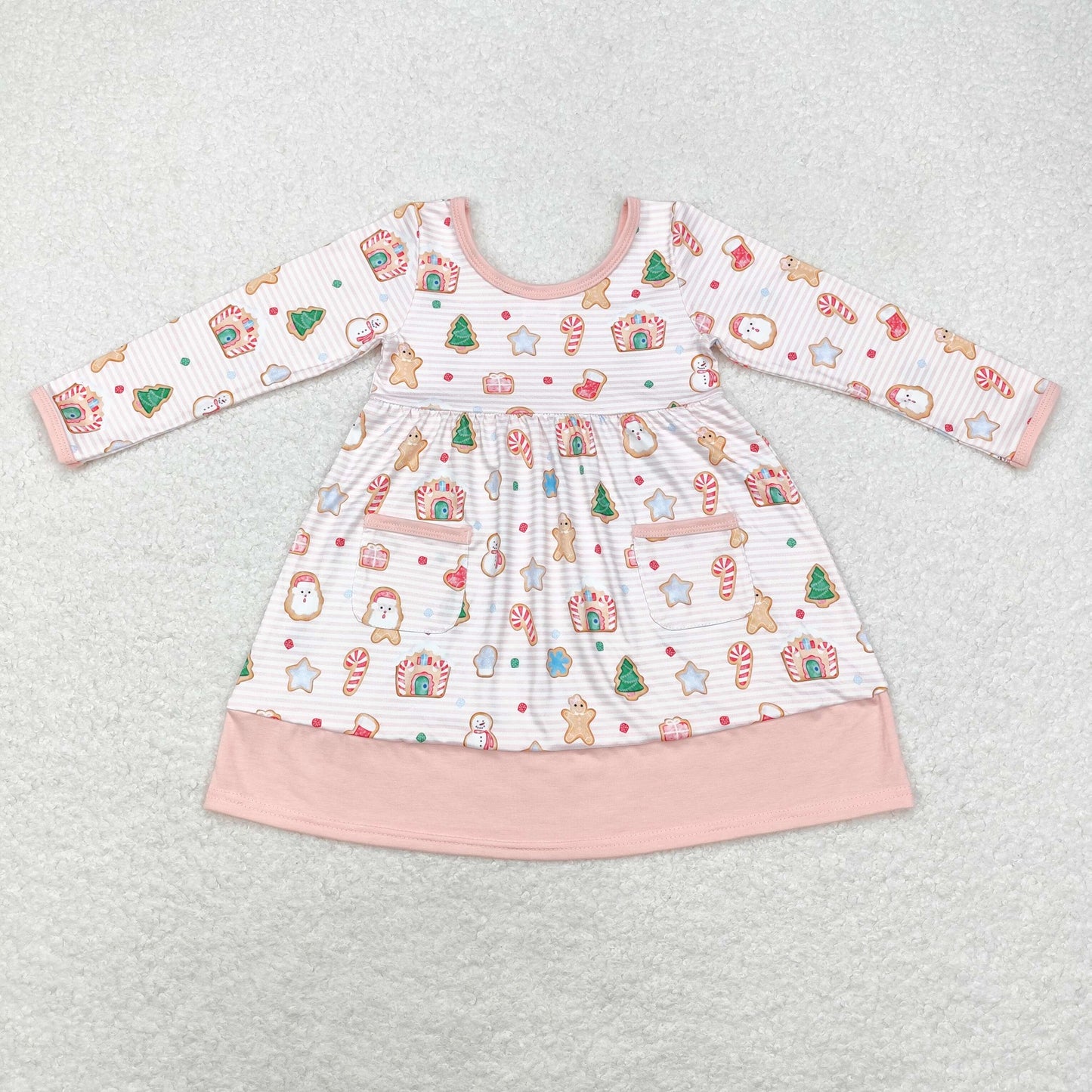 rts no moq GLD0629 Snowman gingerbread man candy cane house pocket striped pink long sleeve dress