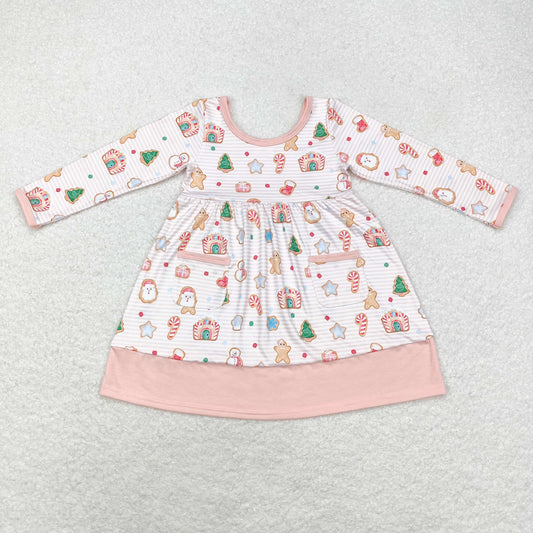 rts no moq GLD0629 Snowman gingerbread man candy cane house pocket striped pink long sleeve dress