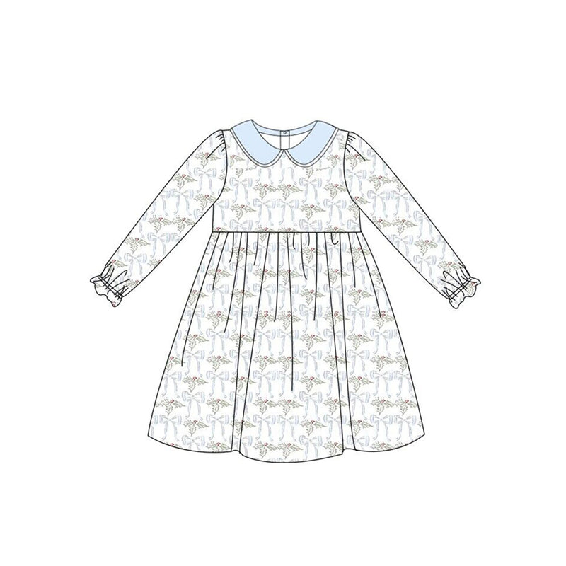 no moq GLD0635 pre-order baby girls clothes bow light blue long-sleeved dress-2024.7.18