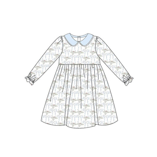 no moq GLD0635 pre-order baby girls clothes bow light blue long-sleeved dress-2024.7.18