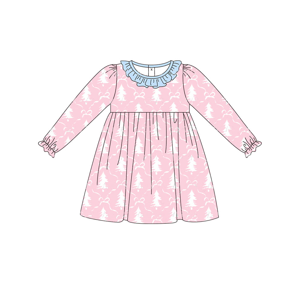 no moq GLD0639 pre-order baby girls clothes Christmas trees pink long-sleeved dress-2024.7.19