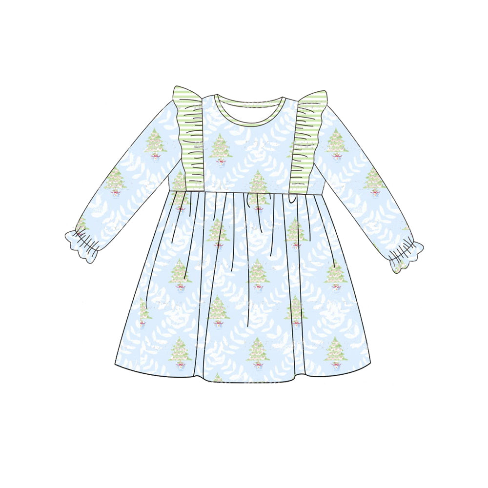 no moq GLD0640 pre-order baby girls clothes Christmas trees light blue long-sleeved dress-2024.7.19