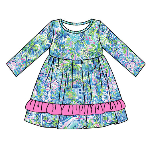 no moq GLD0653 pre-order baby girls clothes blue pattern long-sleeved dress-2024.7.23
