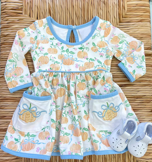 no moq GLD0655 pre-order baby girls clothes pumpkin blue long-sleeved dress-2024.7.23