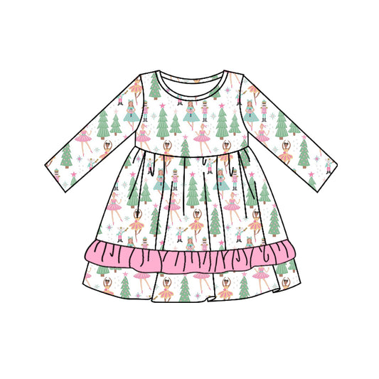 no moq GLD0659 pre-order baby girls clothes Christmas trees pink long-sleeved dress-2024.7.23