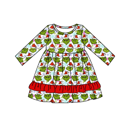 no moq GLD0660 pre-order baby girls clothes Christmas green long-sleeved dress-2024.7.23