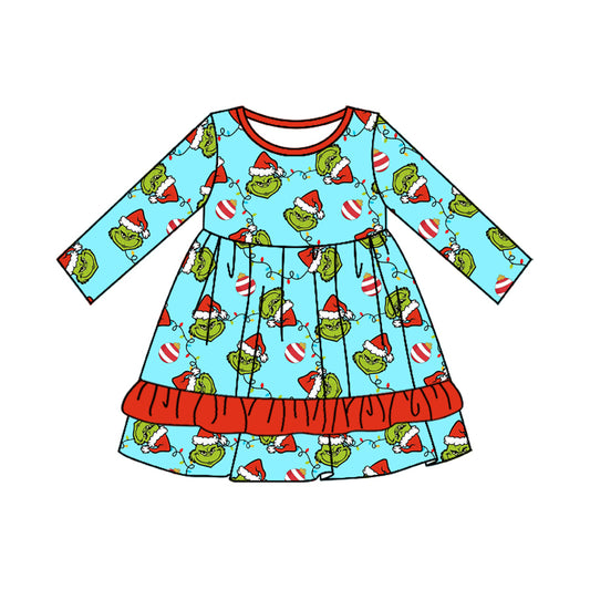 no moq GLD0661 pre-order baby girls clothes Christmas teal long-sleeved dress-2024.7.23