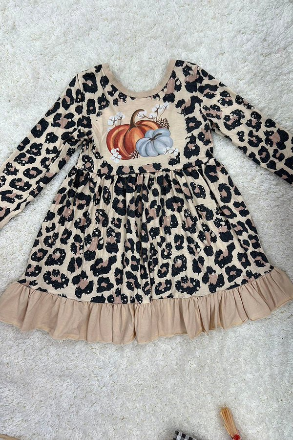 no moq GLD0698 pre-order baby girls clothes leopard pumpkin long sleeve dress-2024.8.2