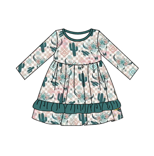 no moq GLD0700 pre-order baby girls clothes cow head catcus green long sleeve dress-2024.8.3