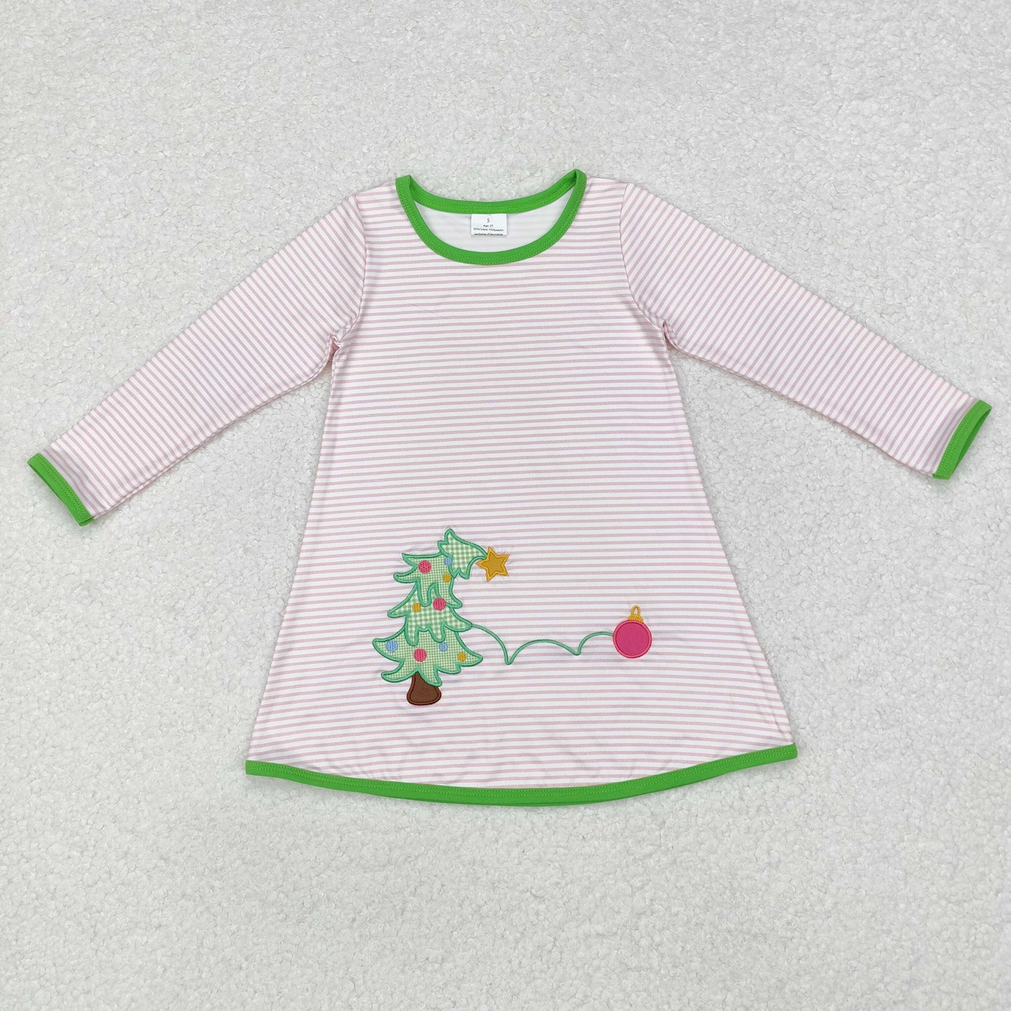 RTS NO MOQ ETA 5/7days arrived GLD0704 Embroidered Christmas tree striped pink and white long sleeve dress