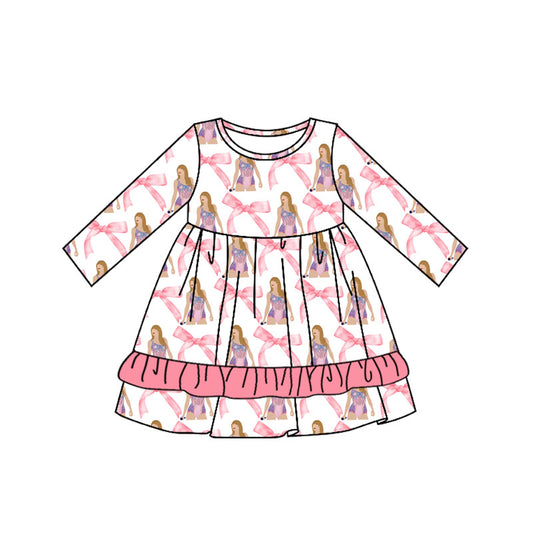 no moq GLD0725 pre-order baby girls clothes taylor swift bow pink long sleeve dress-2024.8.7