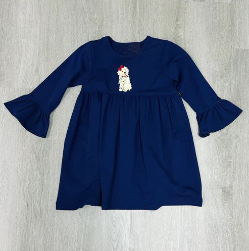 no moq GLD0733 pre-order baby girls clothes puppy navy blue long sleeve dress-2024.8.9