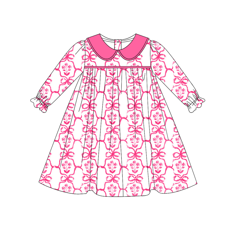 no moq GLD0735 pre-order baby girls clothes floral bow pink long sleeve dress-2024.8.10