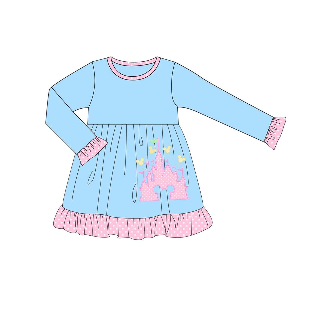 no moq GLD0743 pre-order baby girls clothes castle pink and blue long sleeve dress-2024.8.12