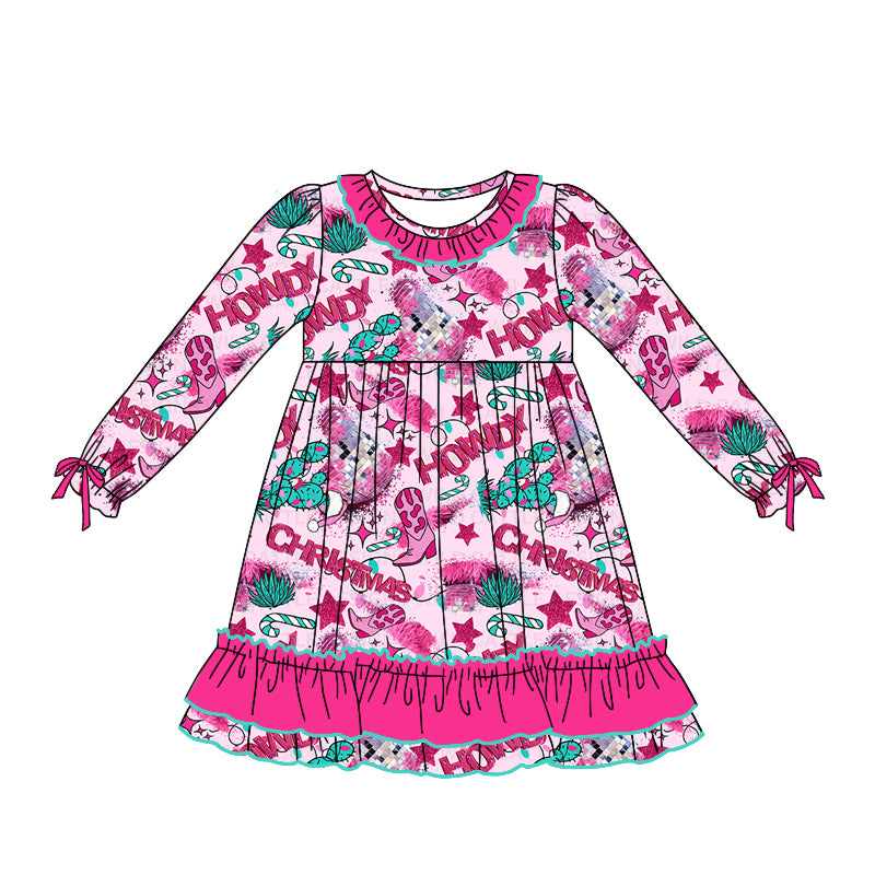 no moq GLD0747 pre-order baby girls clothes Howdy boots rose red long sleeve dress-2024.8.12