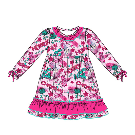 no moq GLD0747 pre-order baby girls clothes Howdy boots rose red long sleeve dress-2024.8.12