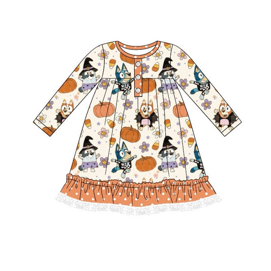 no moq GLD0752 pre-order baby girls clothes cartoon dog pumpkin orange long sleeve dress-2024.8.13