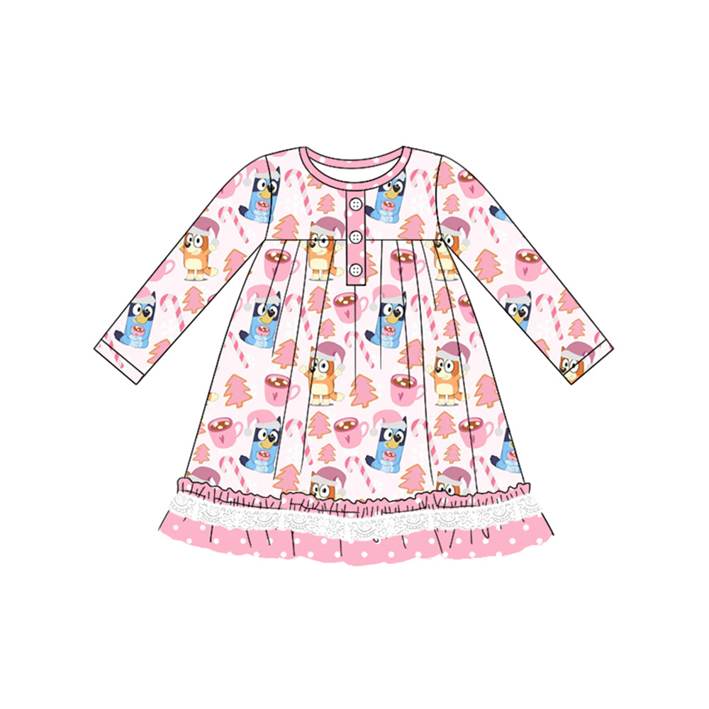 no moq GLD0787 pre-order baby girls clothes Christmas cartoon dog pink long sleeve dress-2024.8.1