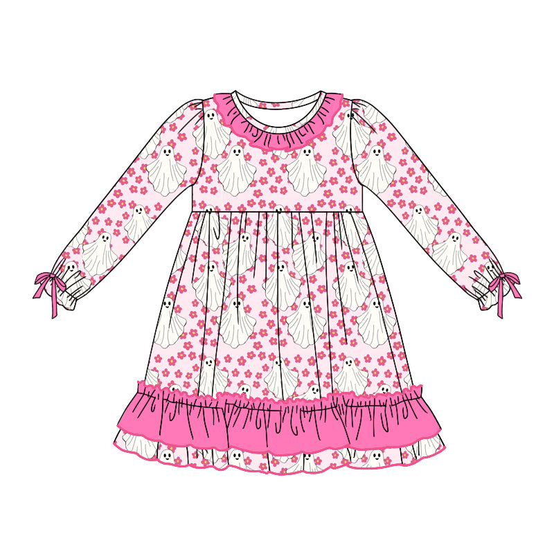 no moq GLD0790 pre-order baby girls clothes ghost floral pink long sleeve dress-2024.8.3