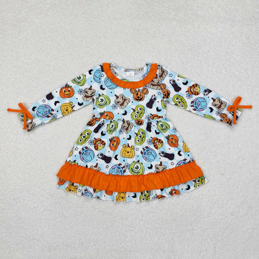 RTS NO MOQ ETA 5/7days GLD0791 Halloween Monsters University orange lace blue and white plaid long-sleeved dress