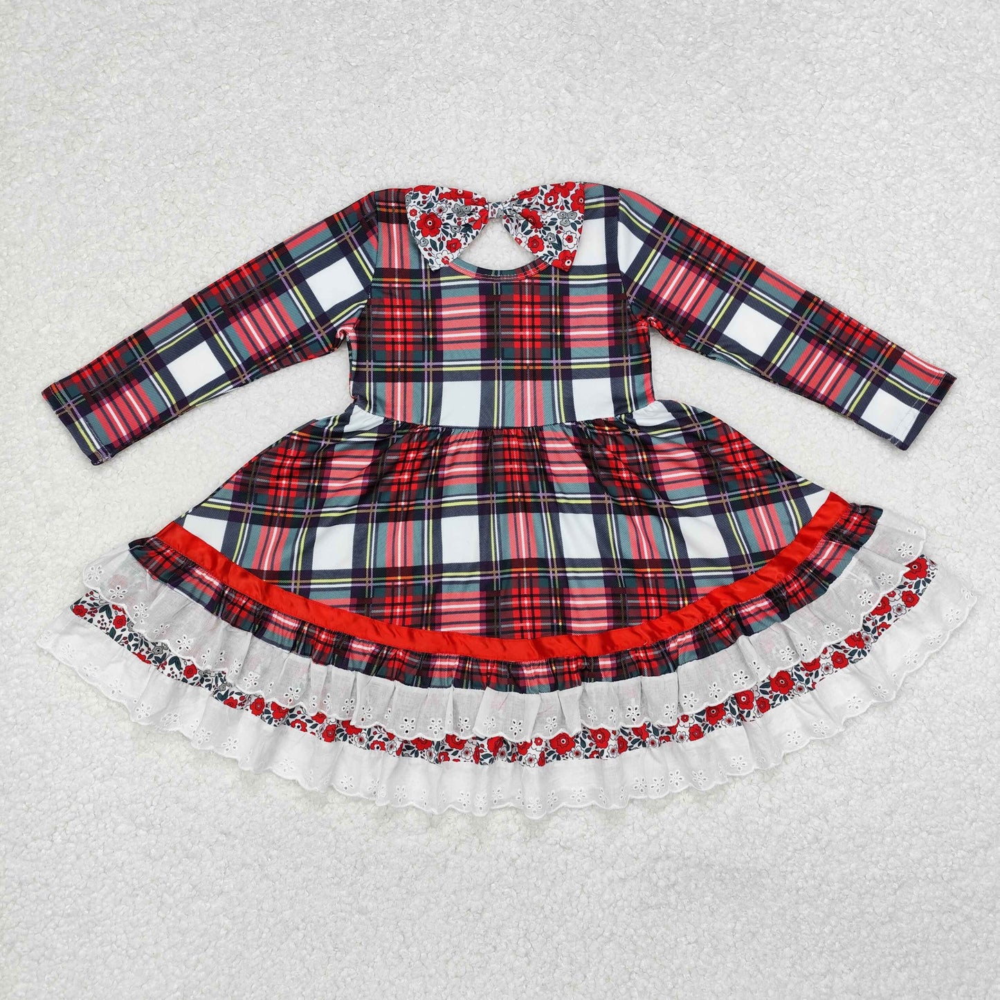 RTS NO MOQ ETA 5/7days GLD0838 Christmas plaid lace long-sleeved dress