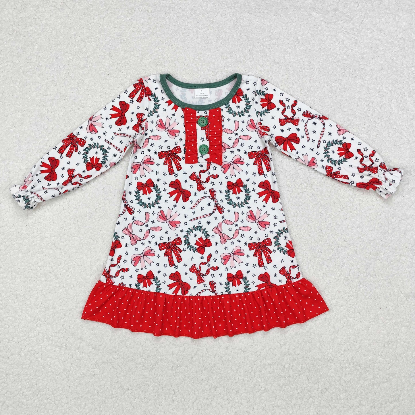 RTS NO MOQ ETA 5/7days GLD0855 Christmas star garland bow pattern polka dot red lace long sleeve dress