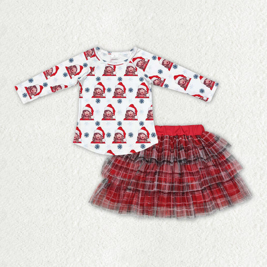 rts no moq GT0694+GLK0033 Taylor Christmas snowflake white short-sleeved top British campus style three-layer tulle skirt red and black striped skirt 2 pcs set