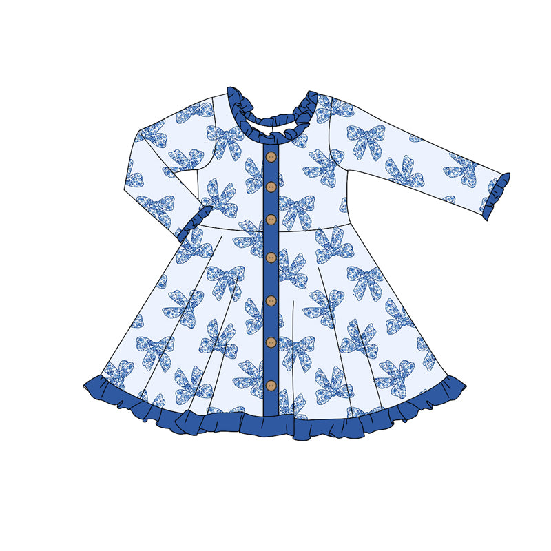 no moq GLD0961 pre-order baby girls clothes bow blue long sleeve dress-2024.10.8