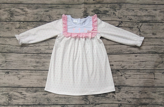 no moq GLD0981 pre-order baby girls clothes embroidery easter pink long sleeve dress