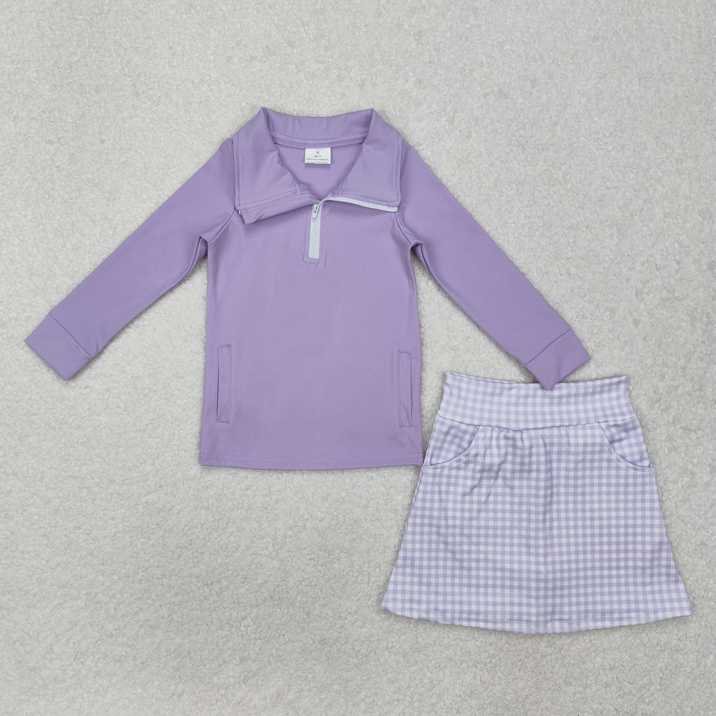 RTS NO MOQ ETA 5/7days Arrived GLD0985 Pure purple zipper long-sleeved plaid skirt yoga set