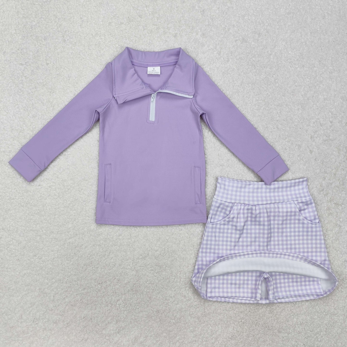 RTS NO MOQ ETA 5/7days Arrived GLD0985 Pure purple zipper long-sleeved plaid skirt yoga set