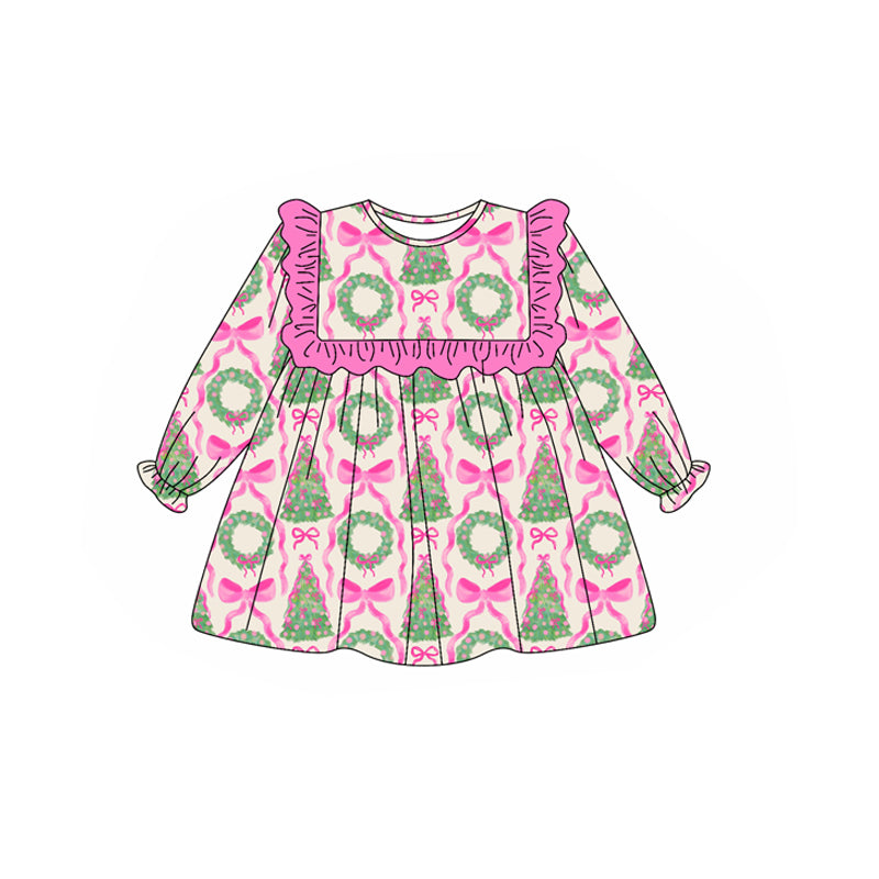 no moq GLD1040 PRE-ORDER baby girl clothes Christmas bow pink long sleeve dress-2025.5.13