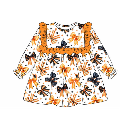 no moq GLD1044 PRE-ORDER baby girl clothes bow orange long sleeve dress-2025.5.14