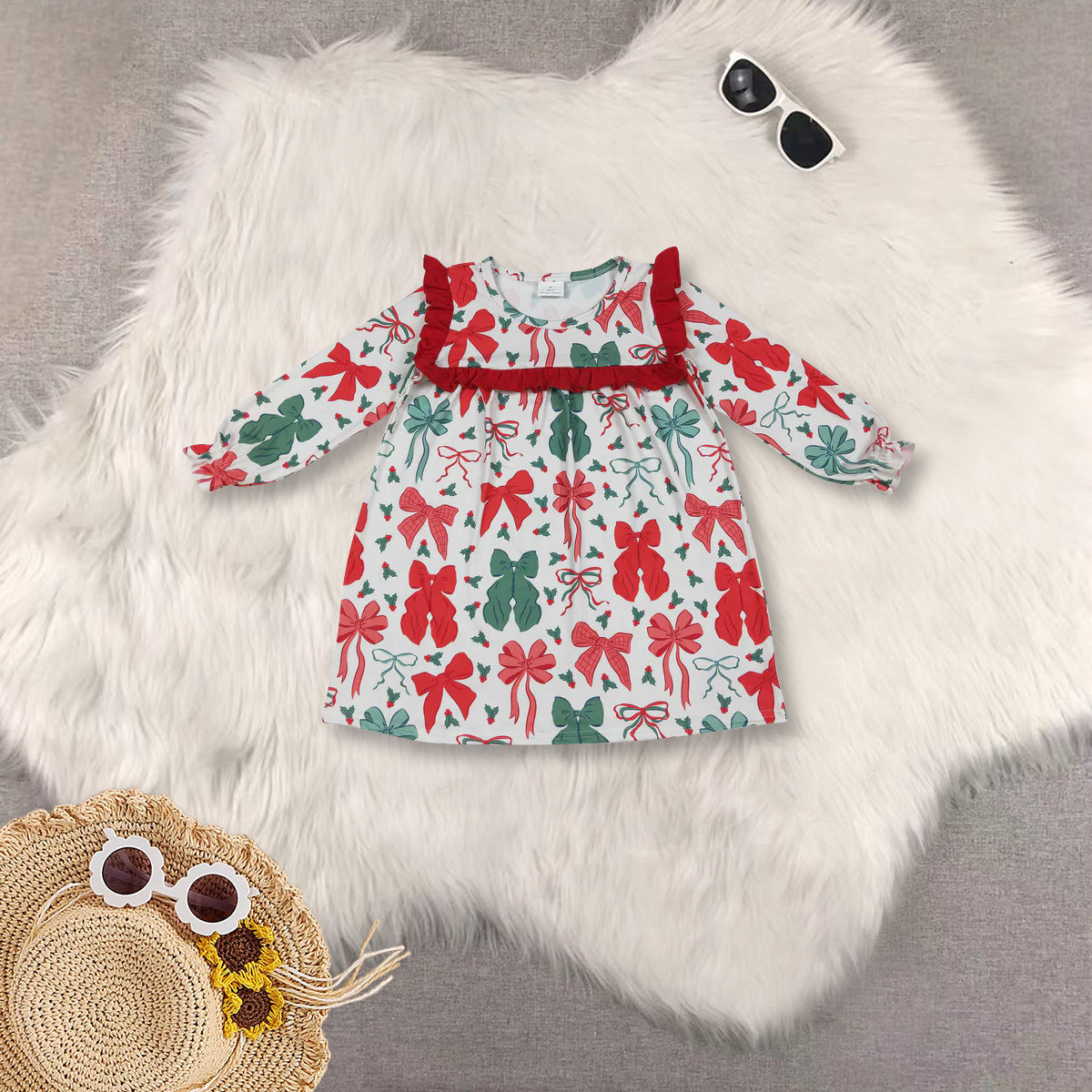 RTS Sibling baby girls clothes Christmas cartoon bow long Sleeve dresses