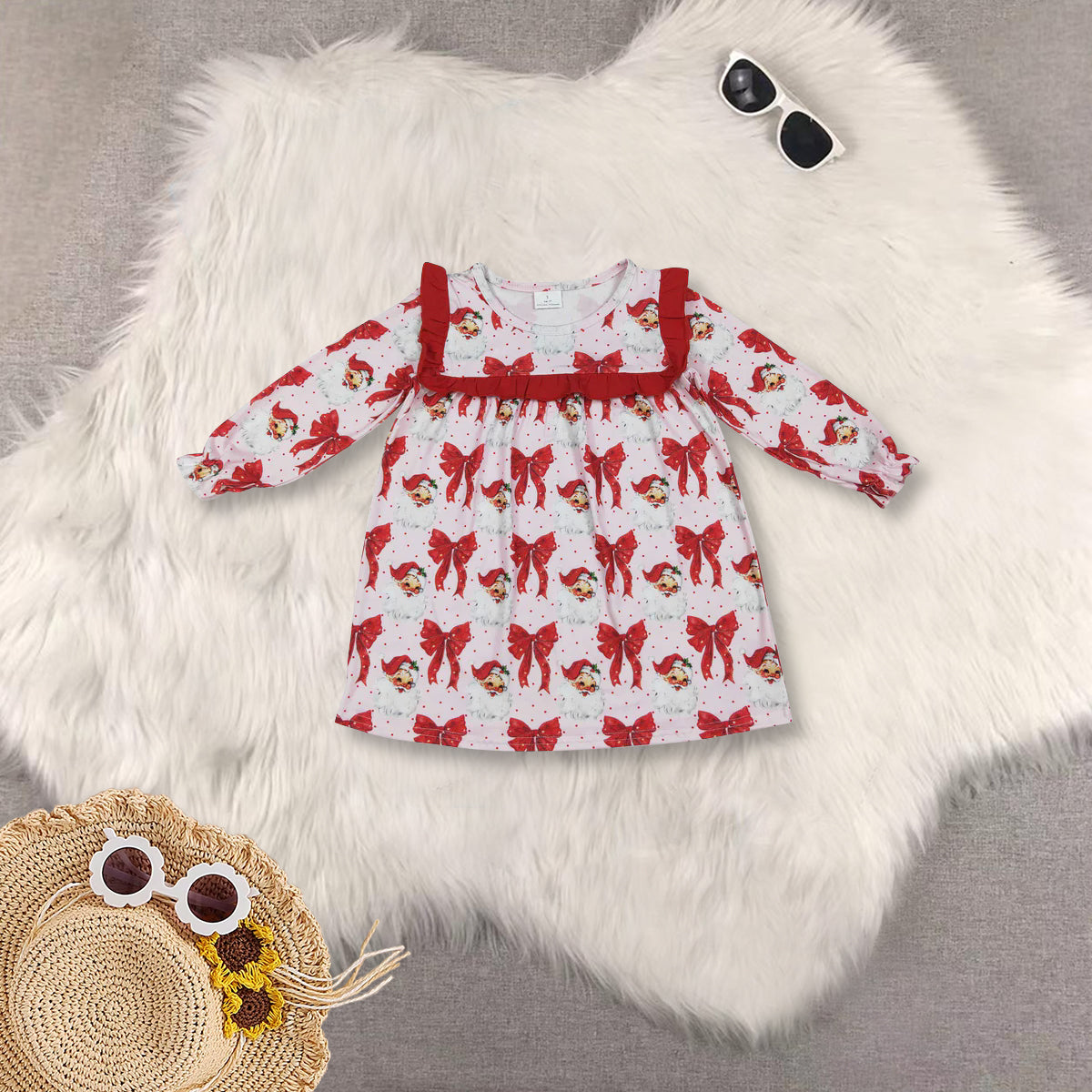 RTS Sibling baby girls clothes Christmas cartoon bow long Sleeve dresses