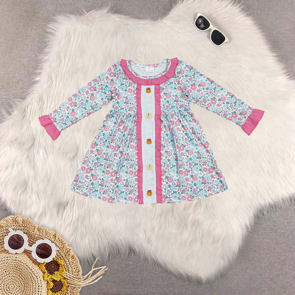 RTS Sibling baby girls clothes Summer embroidery pumpkin long Sleeve dresses