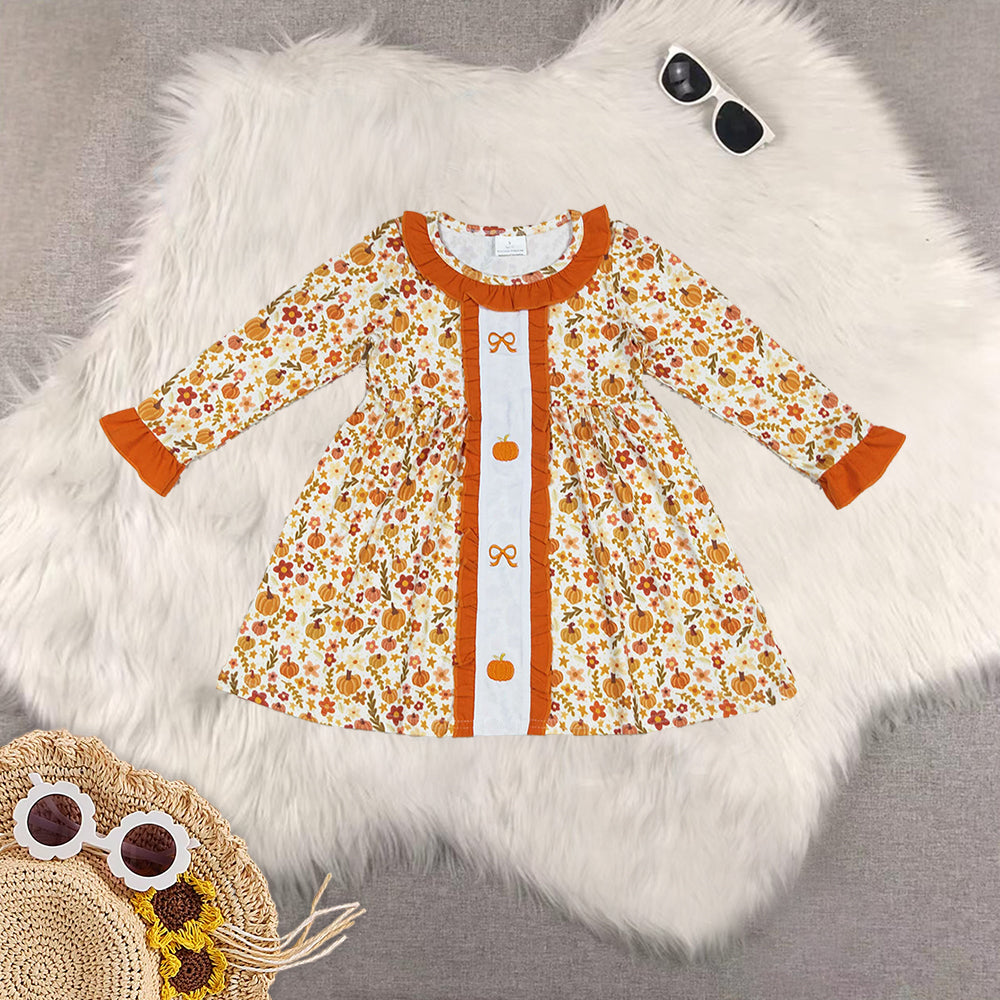 RTS Sibling baby girls clothes Summer embroidery pumpkin long Sleeve dresses