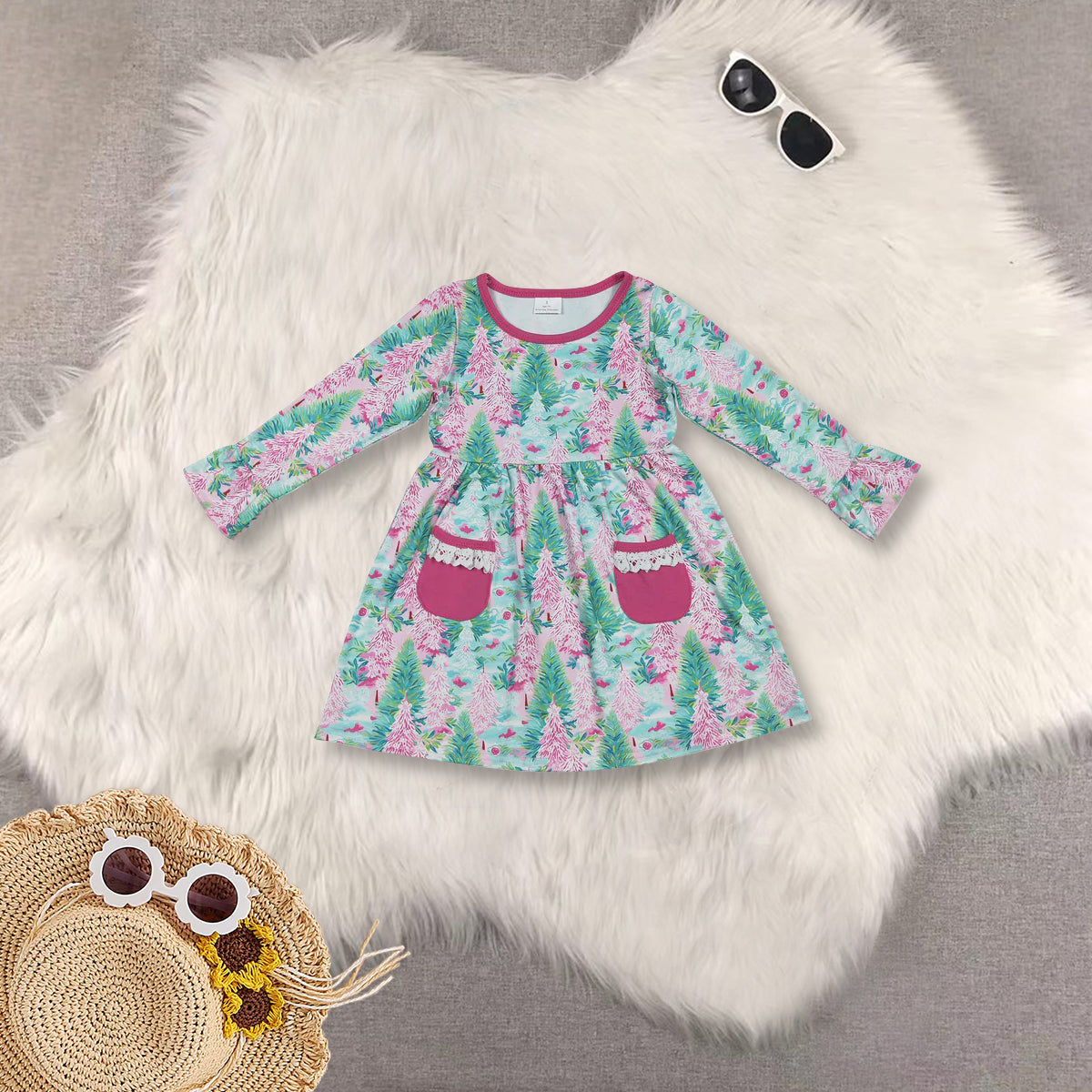 RTS Sibling baby girls clothes Christmas cartoon bow long Sleeve dresses