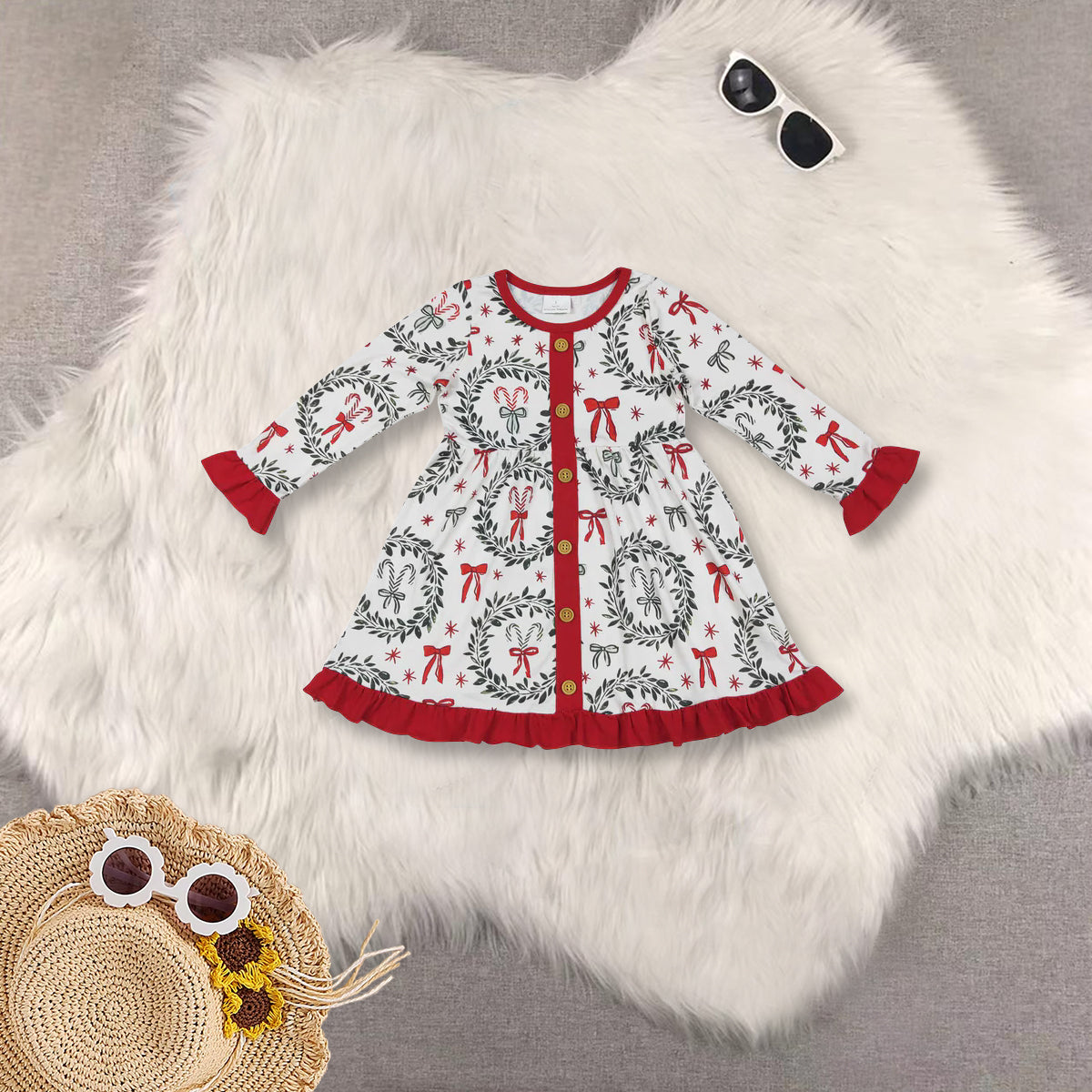 RTS Sibling baby girls clothes Christmas cartoon bow long Sleeve dresses