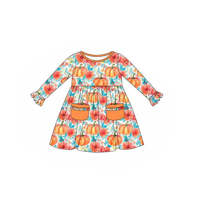 no moq GLD1085 PRE-ORDER baby girl clothes pumpkin floral bow orange long sleeve dress-2025.5.27