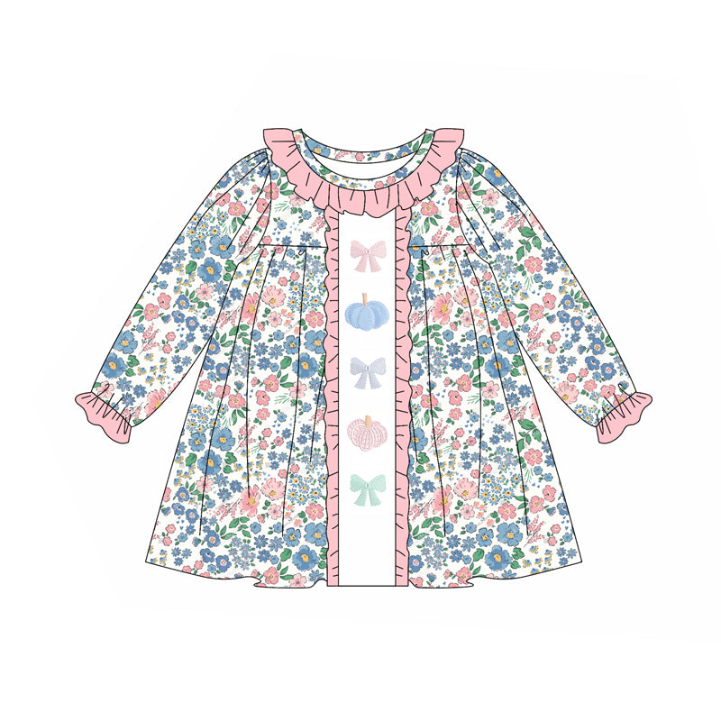 no moq GLD1090 PRE-ORDER baby girl clothes pumpkin bow floral long sleeve dress-2025.5.29