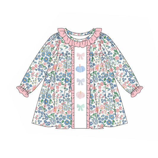 no moq GLD1090 PRE-ORDER baby girl clothes pumpkin bow floral long sleeve dress-2025.5.29