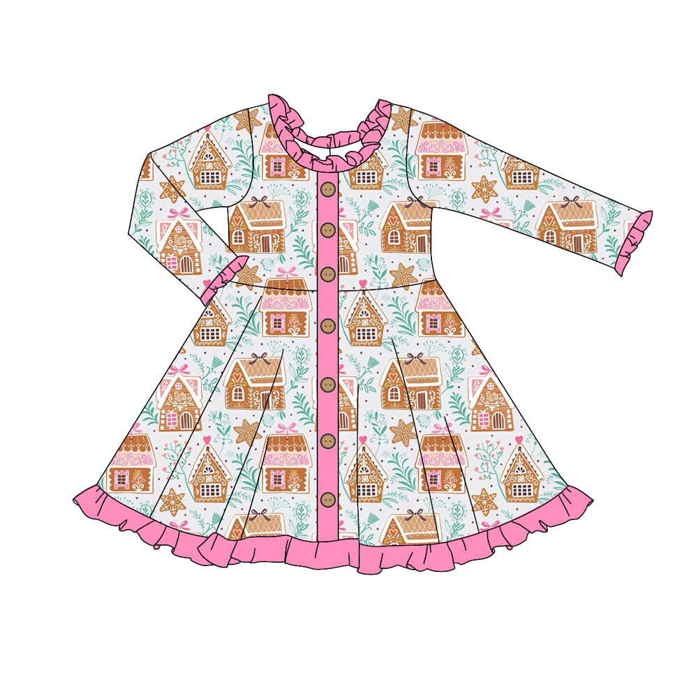no moq GLD1108 PRE-ORDER baby girl clothes Christmas house bow long sleeve dress-2025.5.30