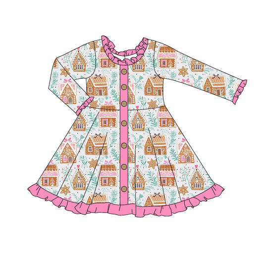no moq GLD1108 PRE-ORDER baby girl clothes Christmas house bow long sleeve dress-2025.5.30