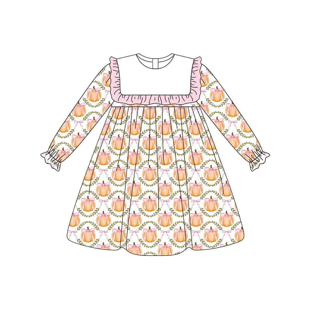 no moq GLD1112 PRE-ORDER baby girl clothes pumpkin bow long sleeve dress-2025.6.4