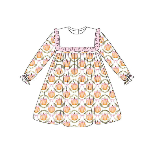 no moq GLD1112 PRE-ORDER baby girl clothes pumpkin bow long sleeve dress-2025.6.4