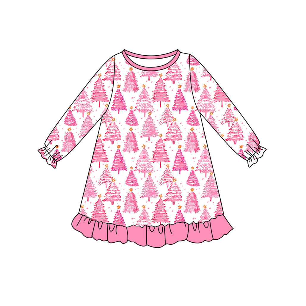no moq GLD1126 PRE-ORDER baby girl clothes Christmas trees pink long sleeve dress-2025.6.10